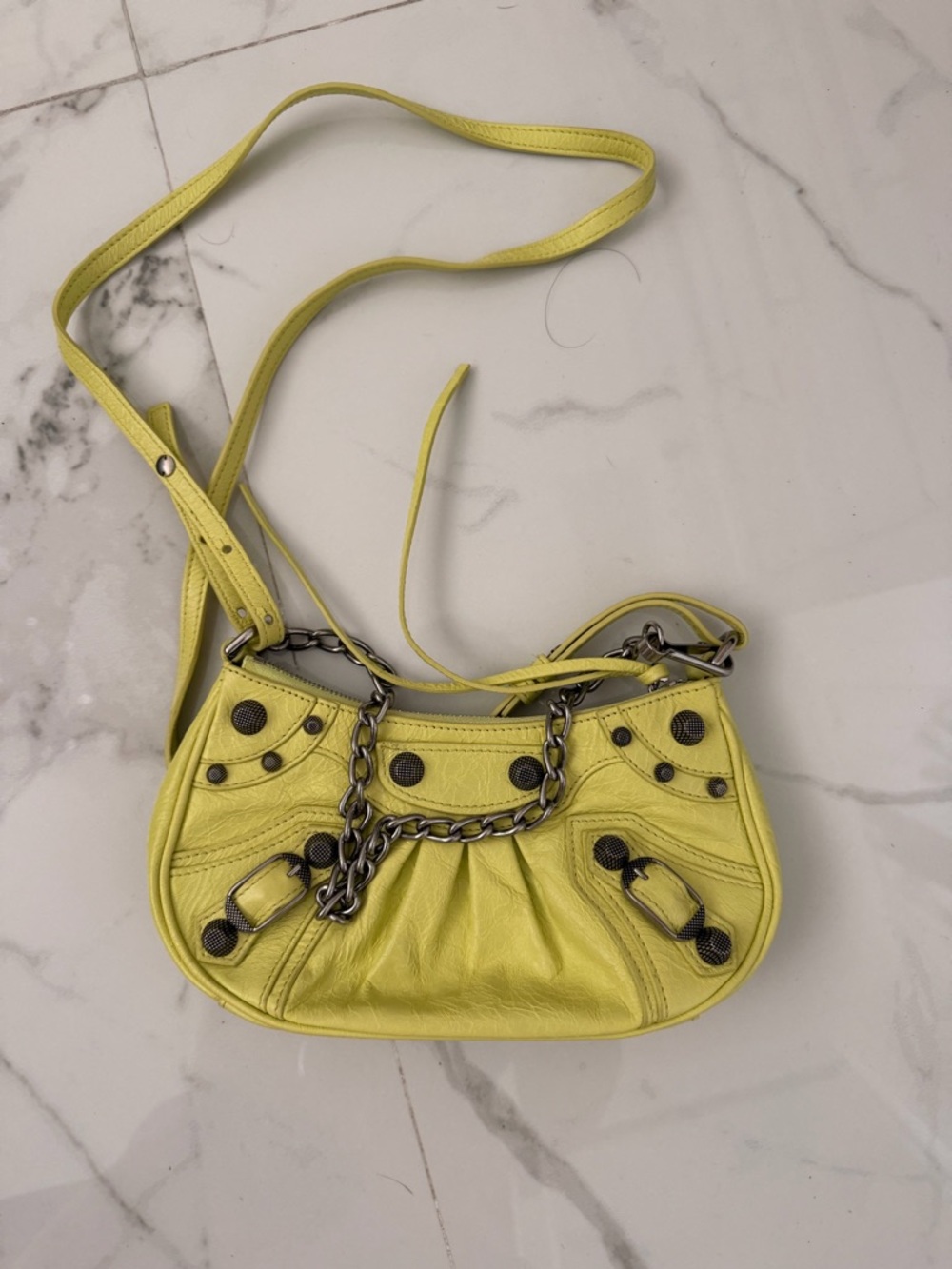 Balenciaga Mini Cagole Leather Crossbody with Chain in neon yellow/green